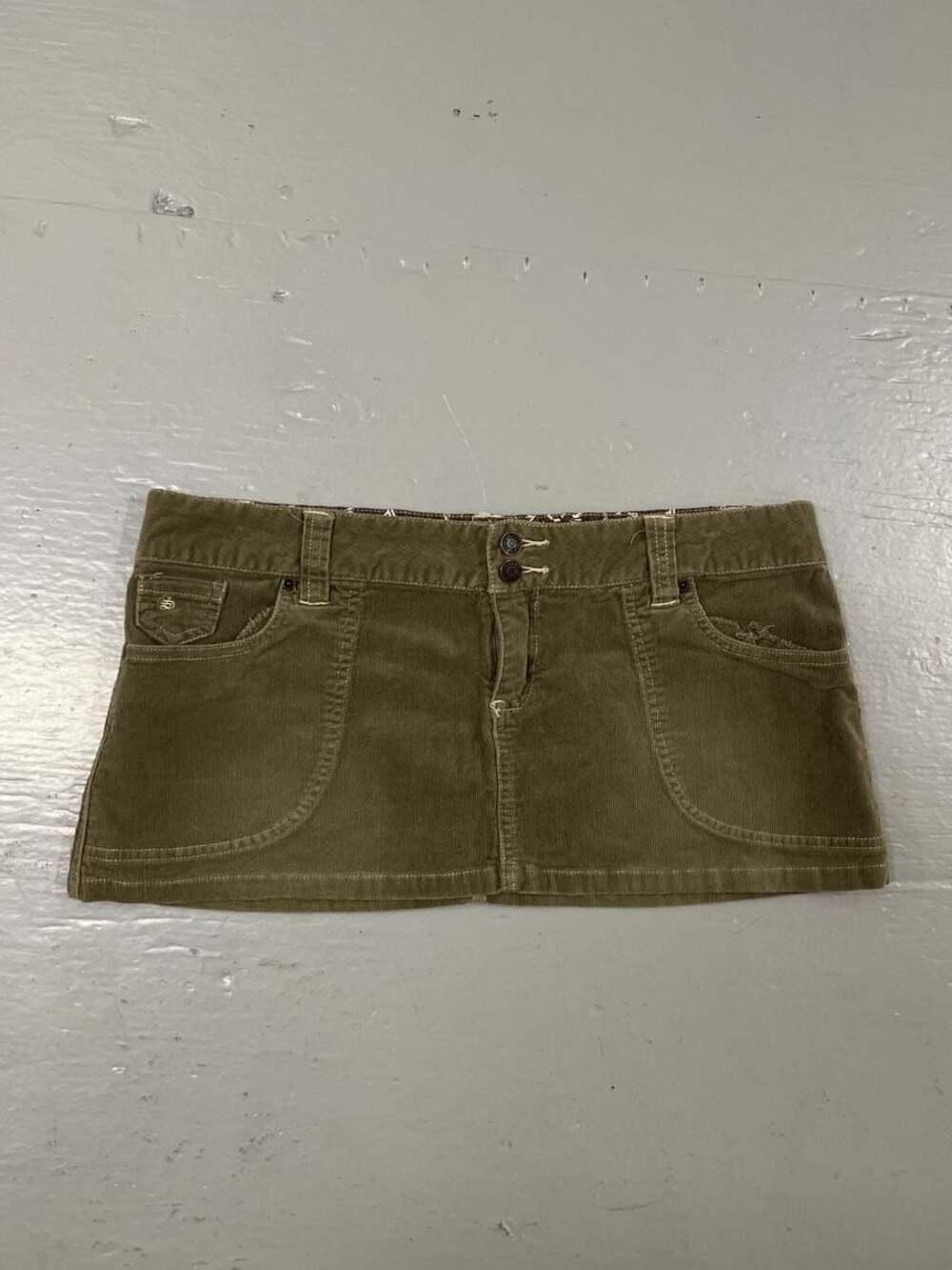Split U.S.A. Y2K Vintage Olive Green Corduroy Low-Rise Micro Mini Skirt